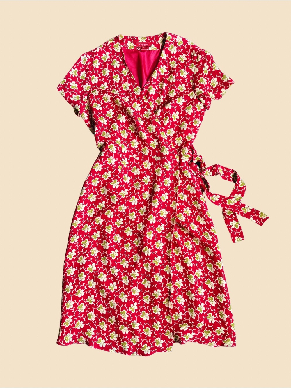 Sundance Pink Floral Wrap Midi Dress with Green & Cream Accents